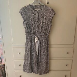 Loft Brown Floral Print Cotton Midi Shirt Dress Drawstring Waist Cargo Pockets